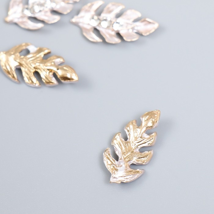 Декор для творчества металл "Листик с капельками" стразы, золото набор 4 шт 2х1 см
