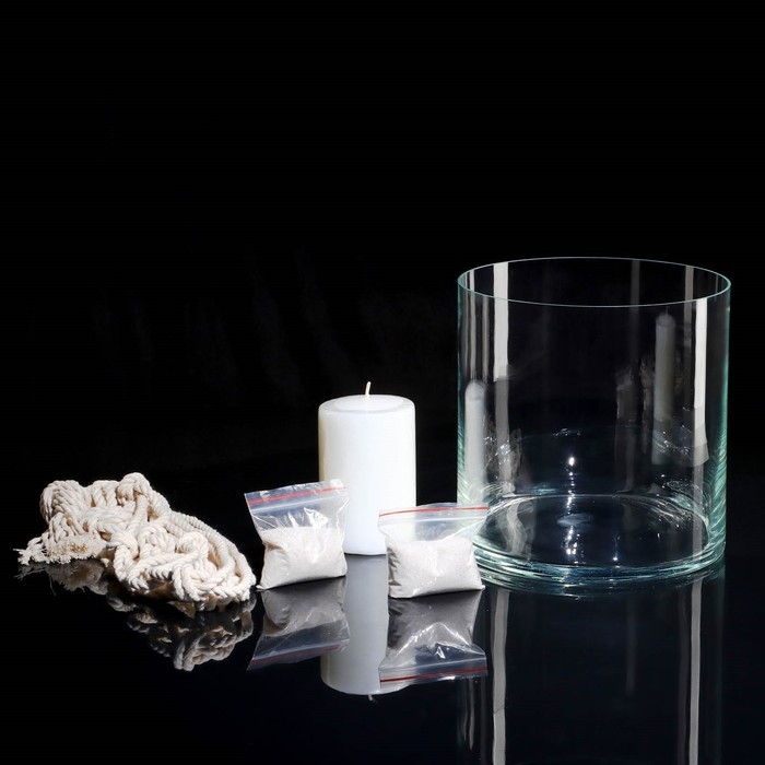 Ваза-подсвечник "Трубка 200", с белой свечой, 20х20 см, в сетке, цилиндр, стекло