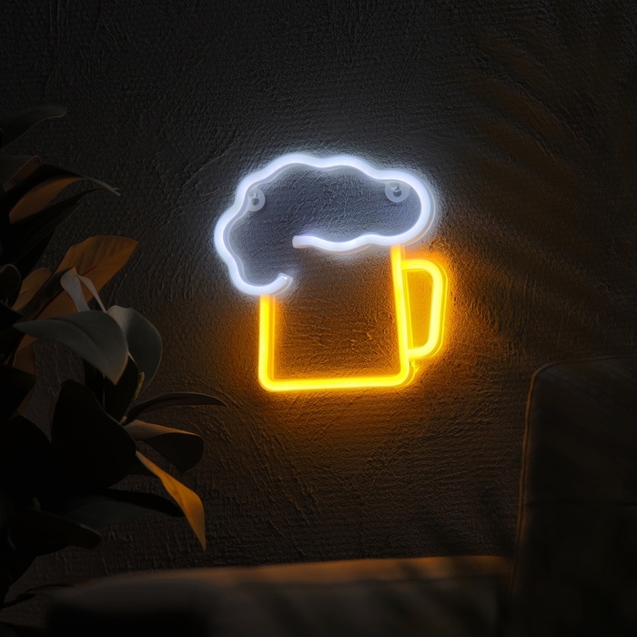 Неоновая вывеска &laquo;Кружка пенного&raquo; 22 x 22 см, батарейки AAx3 (нет в комплекте) + USB, свечение желто-белое