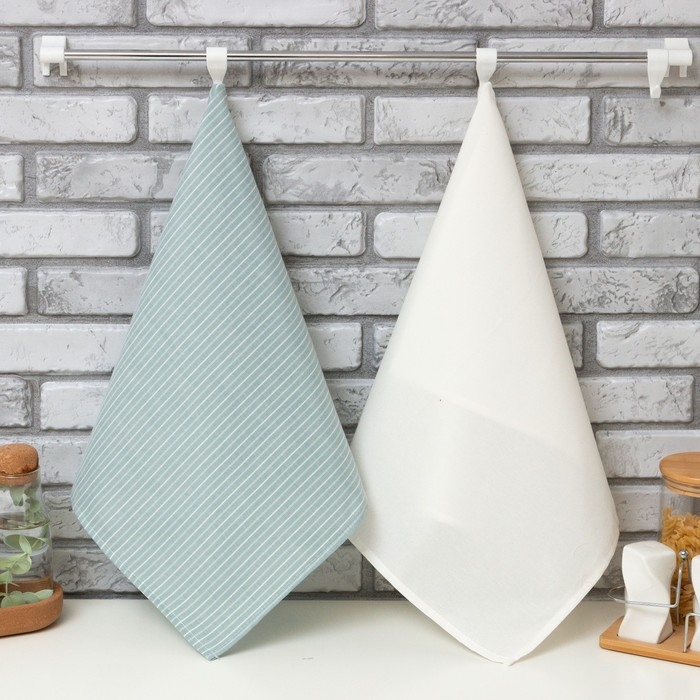 Набор кухонных полотенец Доляна &laquo;Полосы&raquo;, 40х70см- 2шт, зеленый, 50%п/э, 50%хл