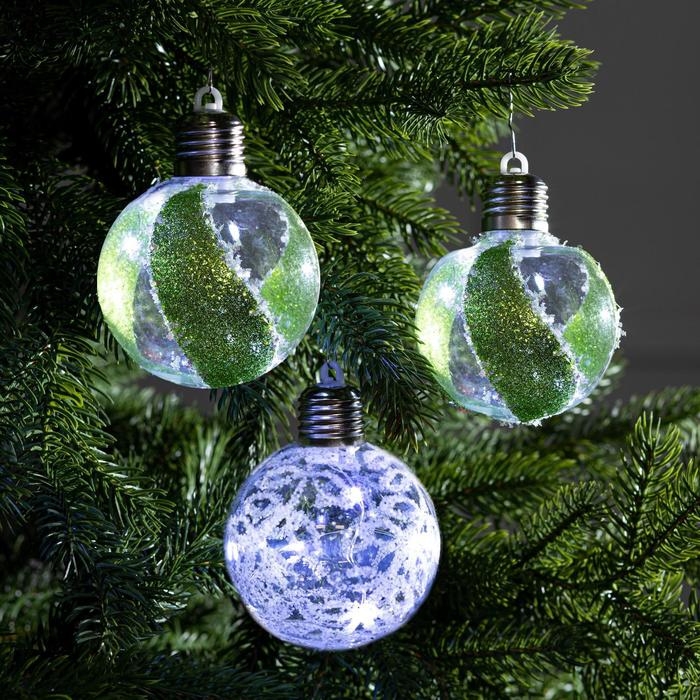 Набор ёлочных шаров &laquo;Шары с блёстками&raquo; 3 шт., батарейки, 5 LED, свечение белое