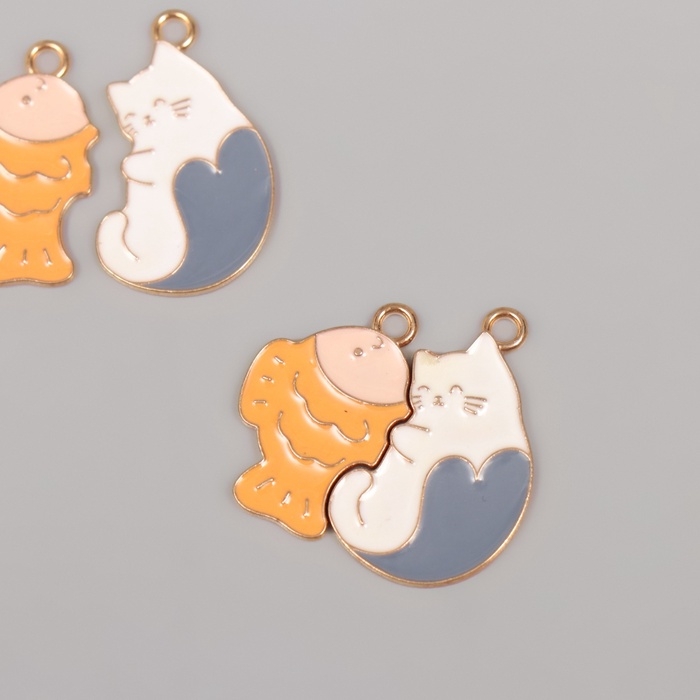 Декор для творчества металл, эмаль Декор для творчества металл, эмаль "Котик с рыбкой" набор 2 шт 2,6х2,5 см