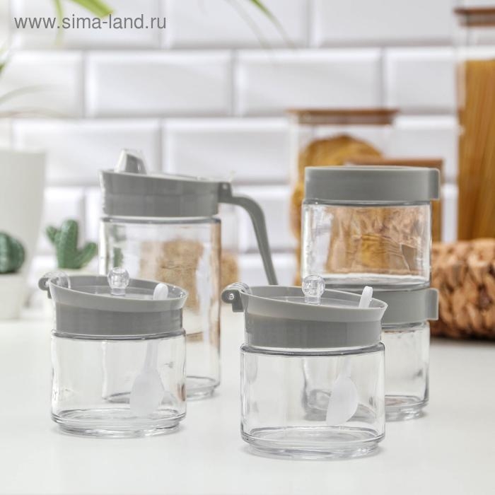 Набор стеклянных ёмкостей для сыпучих продктов с кувшином для масла «Модерн», 5 шт, цвет серый Набор стеклянных ёмкостей для сыпучих продктов с кувшином для масла «Модерн», 5 шт, цвет серый