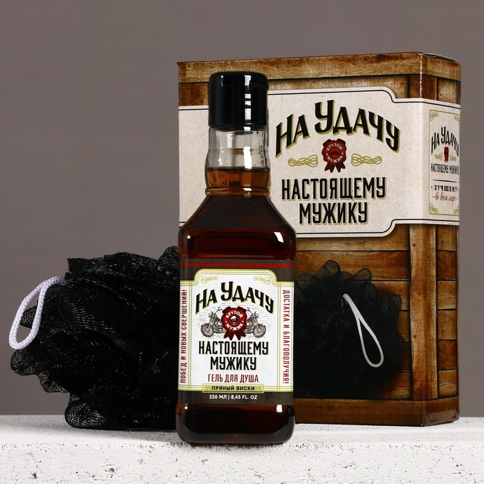 Подарочный набор косметики &laquo;На удачу&raquo;, гель для душа во флаконе виски 250 мл и мочалка для тела, Новый Год