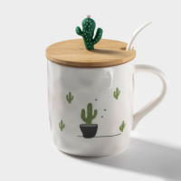 Кружка керамическая с деревянной крышкой и ложкой «Кактус», 380 мл, цвет МИКС Кружка керамическая с деревянной крышкой и ложкой «Кактус», 380 мл, цвет МИКС