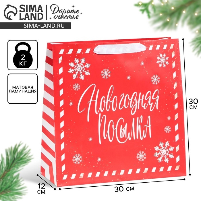 Пакет подарочный новогодний ламинированный квадратный &laquo;Новогодняя посылка&raquo;, 30 х 30 х 12 см, Новый год