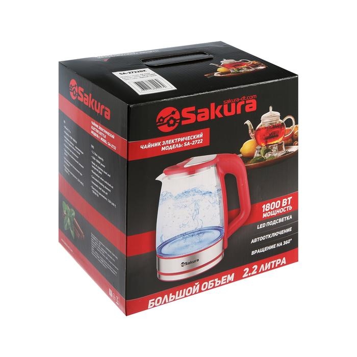 Чайник электрический Sakura SA-2722BK, стекло, 2.2 л, 1800 Вт, подсветка, серебристо-чёрный Чайник электрический Sakura SA-2722BK, стекло, 2.2 л, 1800 Вт, подсветка, серебристо-чёрный