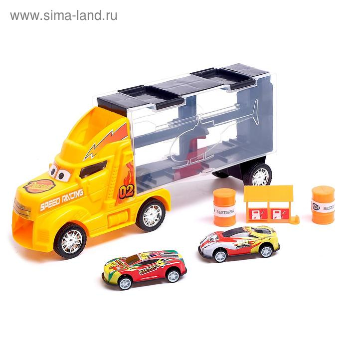 Гараж детский &laquo;Грузовик &laquo;Перевозчик&raquo;, 2 металлические машинки и дорожные знаки, МИКС