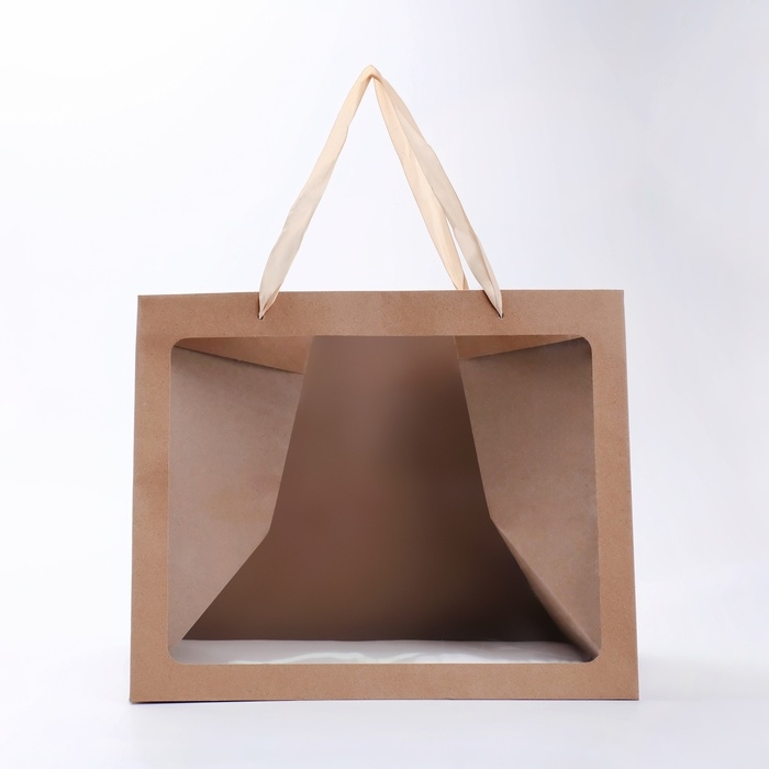 Пакет подарочный с широким дном и окном 35 х 29 х 28 см, крафт