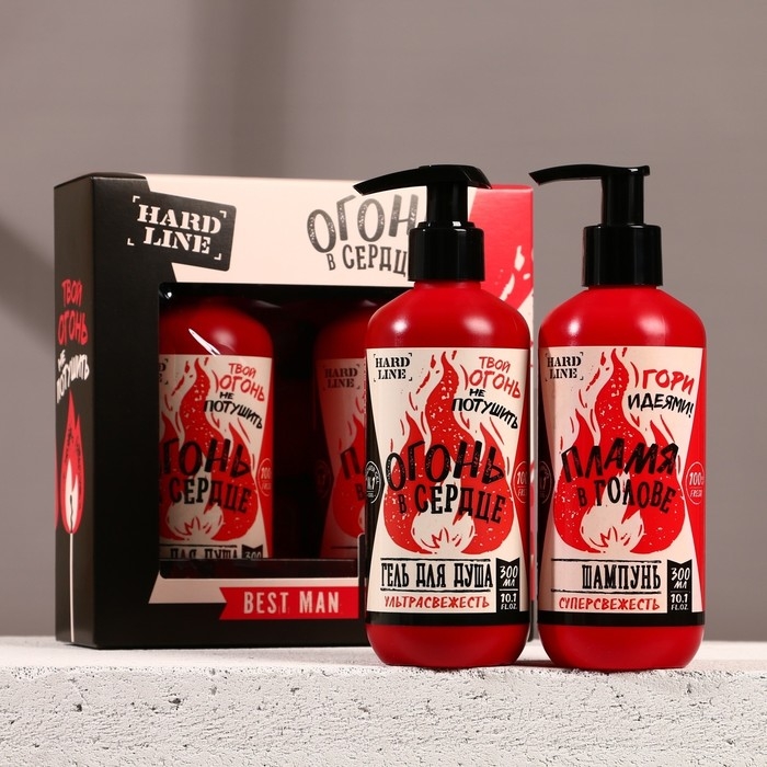 Подарочный набор косметики Подарочный набор косметики "Огонь в сердце", шампунь для волос и гель для душа, 2 х 300 мл, HARD LINE