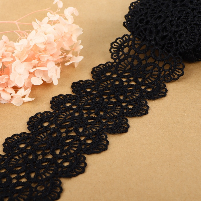 Кружево гипюровое, 65 мм &times; 6,8 &plusmn; 0,5 м, цвет чёрный