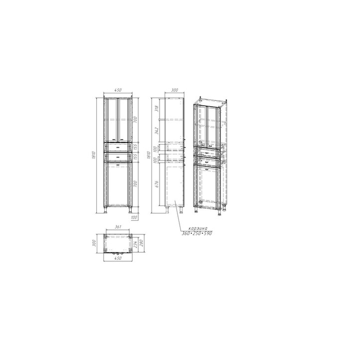 Пенал на ножках для ванной комнаты &laquo;Тура&raquo; с корзиной, 30х45х181 см