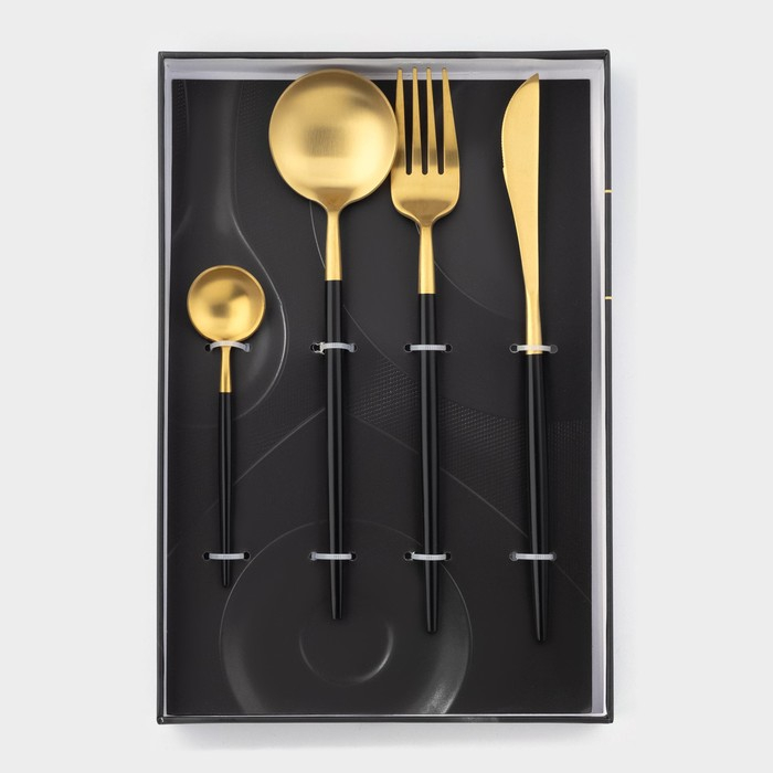 Столовые приборы из нержавеющей стали Magistro &laquo;Фолк&raquo;, 4 предмета, цвет металла золотой, чёрные ручки