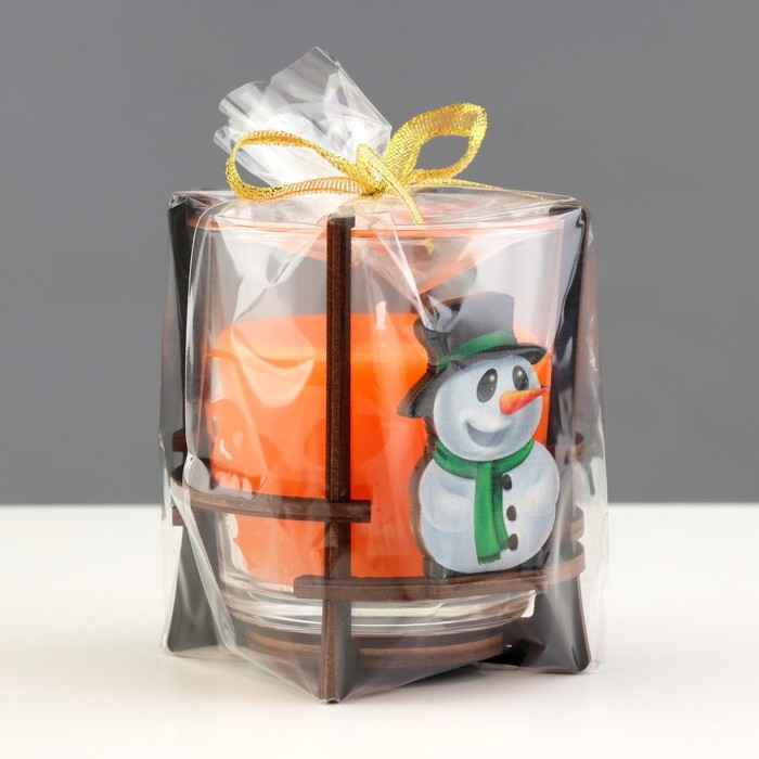 Свеча ароматическая в стакане на подставке "Снеговик", 10х9,5х9 см, апельсин