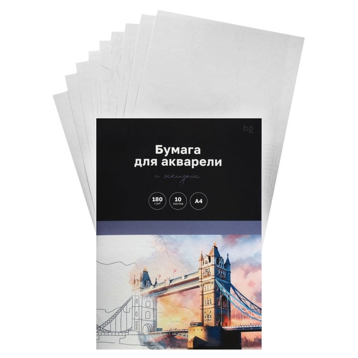 Бумага для акварели А4, 10 листов Бумага для акварели А4, 10 листов "Города", 180 г/м2, в папке