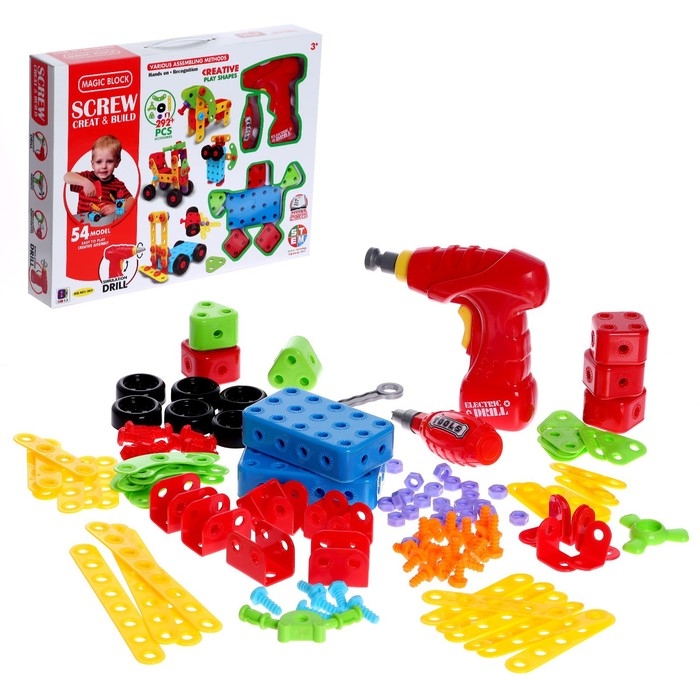 Конструктор в чемодане &laquo;Объёмная мозаика&raquo;, с электрическим шуруповертом, 54 модели, 292 детали