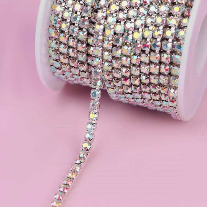 Цепь со стразами, с голографией, металл, стекло, 3,5 мм, 9 &plusmn; 1 м, цвет серебряный