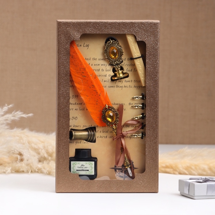 Набор подарочный 5в1 "Реликвия": перьевая ручка оранжевая, чернила, печать, воск