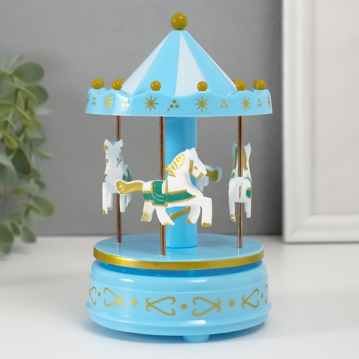 Сувенир музыкальный механический "Карусель 4 лошадки" голубая 9,6х9,6х15,5 см