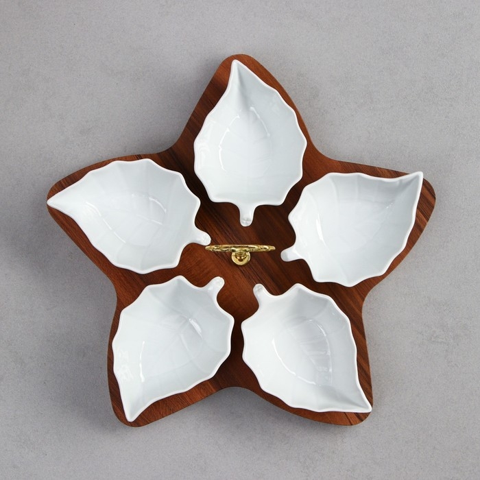 Менажница «Листья», 5 шт:150 мл, деревянное основание, фарфор, Иран Менажница «Листья», 5 шт:150 мл, деревянное основание, фарфор, Иран