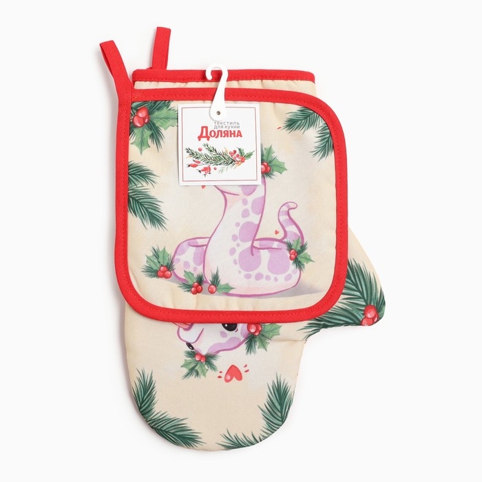 Набор кухонный Доляна Friendly snake: прихватка 17х17 см, варежка-прихватка 20х28 см, 35% хлопок, 65% п/э