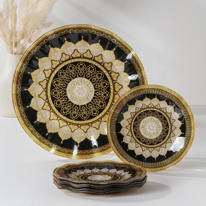 Набор столовый «Мехенди», 7 предметов: d=30 см - 1 шт, d=18 см - 6 шт, цвет белый с чёрным Набор столовый «Мехенди», 7 предметов: d=30 см - 1 шт, d=18 см - 6 шт, цвет белый с чёрным