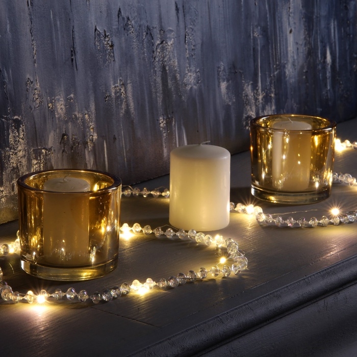 Гирлянда &laquo;Нить&raquo; 2 м роса с насадками &laquo;Бусы&raquo;, IP20, нить серебристая, 20 LED, батарейки AAx2 (не в комплекте), 2 режима, свечение тёплое белое