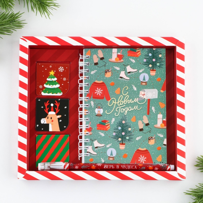Подарочный набор новогодний &laquo;С Новым годом&raquo;: блокнот на спирали А6, 40 листов, магнитные закладки 3 шт. и ручка пластик