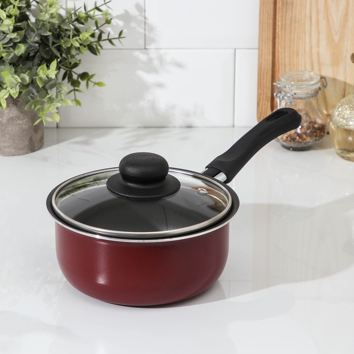 Ковш &laquo;Эксперт&raquo;, 1,3 л, d=16 см, стеклянная крышка, пластиковая ручка, антипригарное покрытие, цвет бордовый