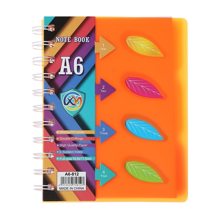 Блокнот на гребне А6, 100 листов, линия, обложка пластик, с разделителями "Листья", МИКС