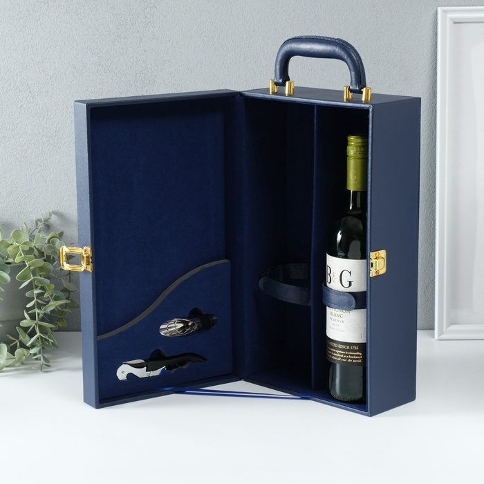 Шкатулка дерево, кожзам под 2 бутылки "Николь" синий 2 предмета 11,5х20,5х37 см
