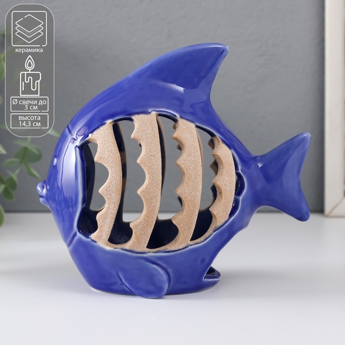 Подсвечник керамика на 1 свечу Подсвечник керамика на 1 свечу "Рыбка с узорами" синий 15,7х8,8х14,3 см