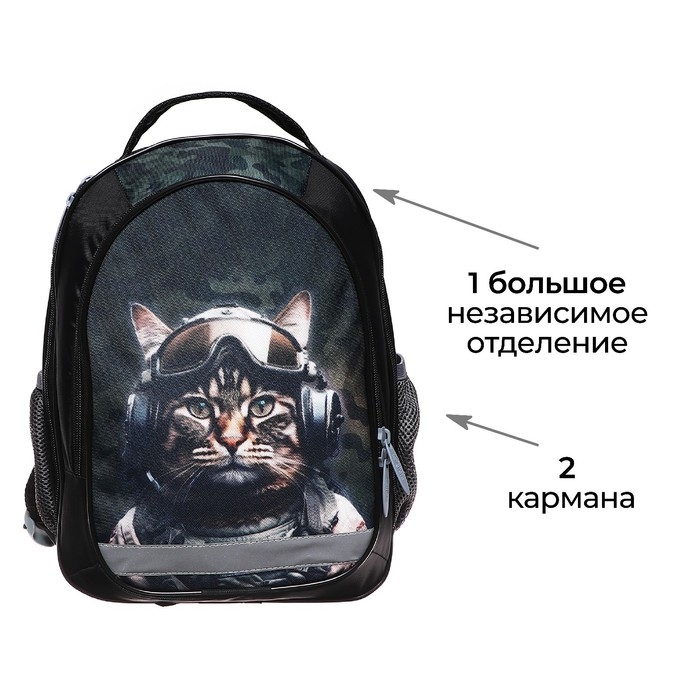 Рюкзак школьный, 37 х 27 х 16 см, эргономичная спинка, Calligrata Б "Кот милитари"