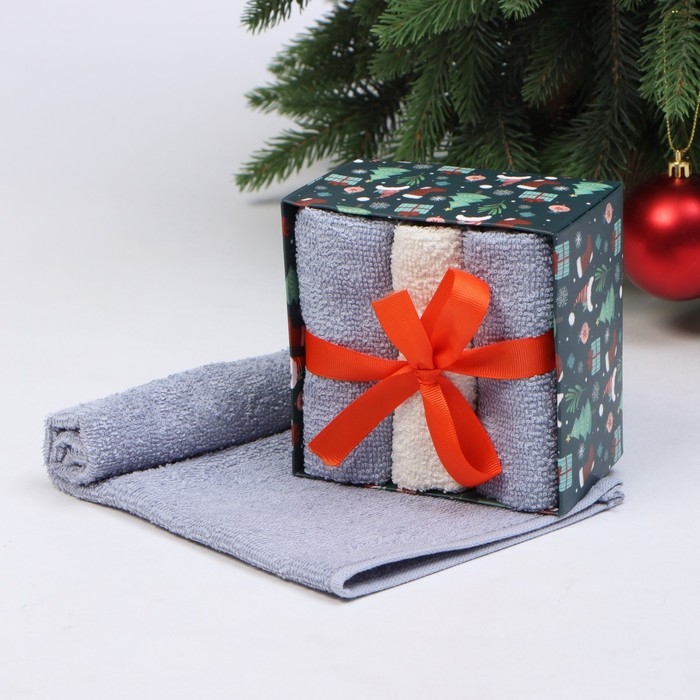 Новый год. Набор махровых полотенец Этель &laquo;Новогодние забавы&raquo; 30х30 см - 3 шт, хлопок 340гр/м2