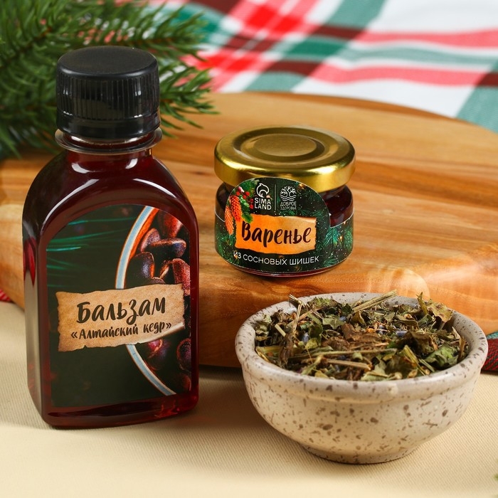 Набор &laquo;Будьте здоровы&raquo;: чай 20 г., варенье из сосновых шишек 30 г., бальзам 100 мл.