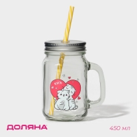 Кружка стеклянная Доляна «Котик», 450 мл, 10×7,5×13 см, с ручкой, крышкой и трубочкой Кружка стеклянная Доляна «Котик», 450 мл, 10×7,5×13 см, с ручкой, крышкой и трубочкой