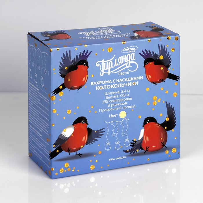 Гирлянда «Бахрома» 2.4 × 0.9 м с насадками «Колокольчики», IP20, прозрачная нить, 138 LED, свечение тёплое белое, 8 режимов, 220 В Гирлянда «Бахрома» 2.4 × 0.9 м с насадками «Колокольчики», IP20, прозрачная нить, 138 LED, свечение тёплое белое, 8 режимов, 220 В