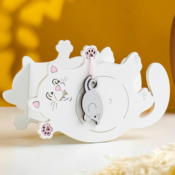 Кашпо деревянное "Котик с мышкой" малый 19х7,5х12 см белый