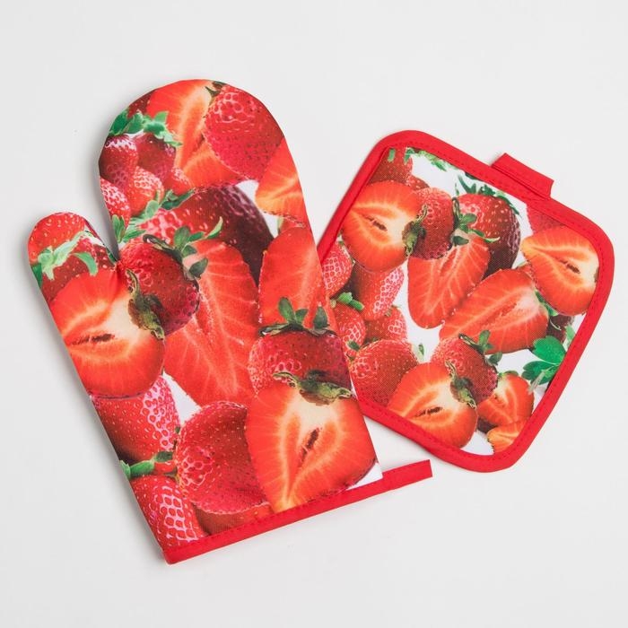 Кухонный набор Доляна &laquo;Клубника&raquo;, прихватка 17*17 см, рукавица 26*16 см,100% п/э