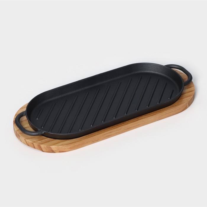 Сковорода чугунная «Овал гриль», 43×16,5×2,5 см, с ручками, на деревянной подставке Сковорода чугунная «Овал гриль», 43×16,5×2,5 см, с ручками, на деревянной подставке