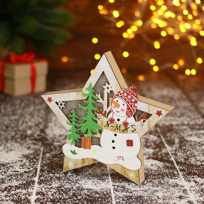 Фигурка новогодняя свет Фигурка новогодняя свет "Снеговик в лесу с подарками, в звезде" 16,5х16 см