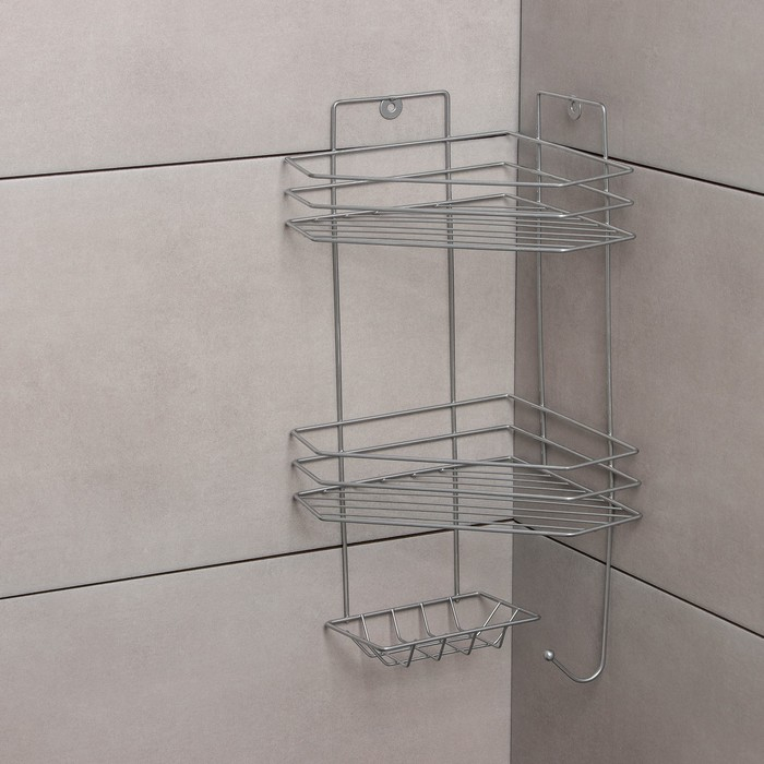 Полка угловая с мыльницей и вешалкой 2-х ярусная, 25,5×42,5 см, цвет хром Полка угловая с мыльницей и вешалкой 2-х ярусная, 25,5×42,5 см, цвет хром