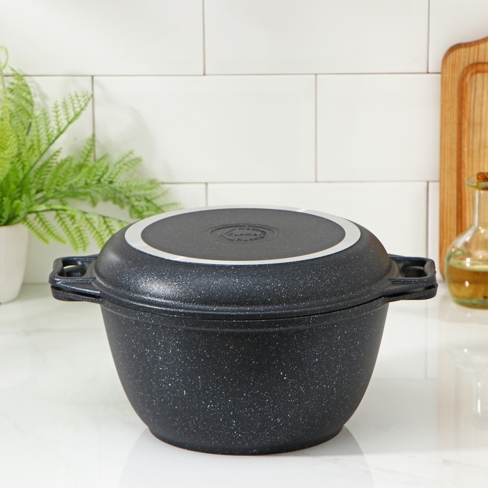 Казан с крышкой-сковородой, 3 л, литые ручки, антипригарное покрытие, цвет тёмный мрамор Казан с крышкой-сковородой, 3 л, литые ручки, антипригарное покрытие, цвет тёмный мрамор