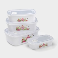 Набор ланч-боксов пластиковых &laquo;Розы&raquo;, 4 шт: 400 мл, 650 мл, 1 л, 1,5 л, цвет белый
