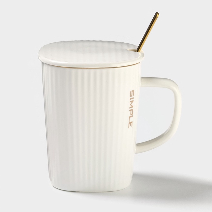 Кружка Simple, 320 мл, 14,5×10,5×8,5 см, с крышкой и ложкой, керамика, белая Кружка Simple, 320 мл, 14,5×10,5×8,5 см, с крышкой и ложкой, керамика, белая