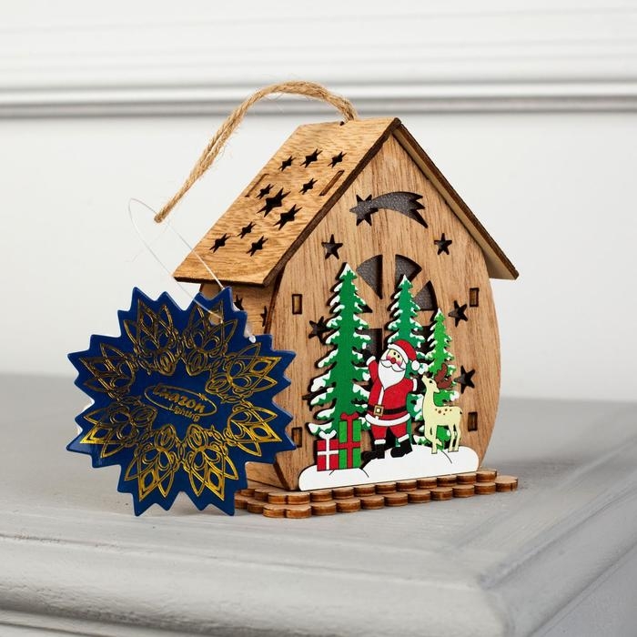 Ёлочная игрушка &laquo;Домик с Дедом Морозом и ёлкой&raquo;, от батареек, свечение тёплое белое