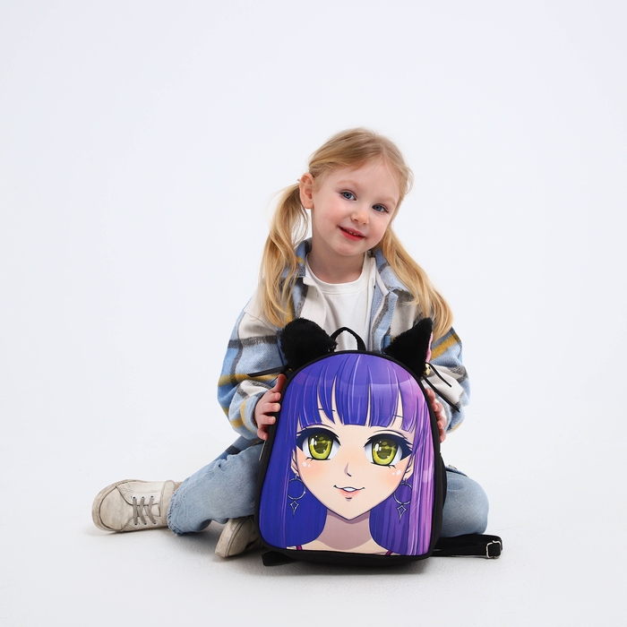 Рюкзак школьный текстильный с ушками на заколках &laquo;Аниме&raquo;, 27х23 см, чёрный/фиолетовый