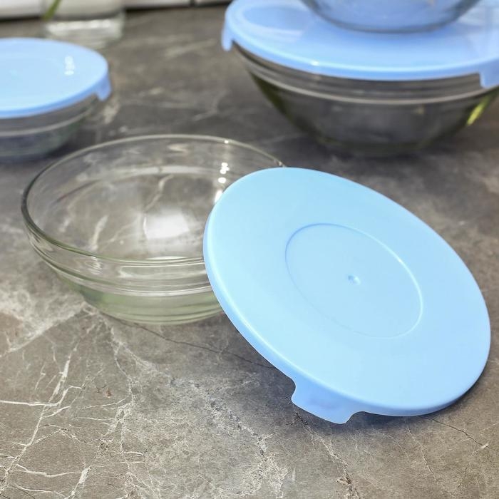 Набор стеклянных салатников Доляна &laquo;Классика&raquo; с крышками, 5 предметов: 900 мл (17&times;7,6 см), 500 мл (16&times;6 см), 350 мл (12,5&times;5,4 см), 200 мл (10,5&times;4,5 см), 130 мл (9&times;3,7 см), цвет голубой