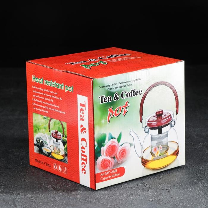 Чайник стеклянный заварочный с металлическим ситом &laquo;Цветочная фантазия&raquo;, 850 мл