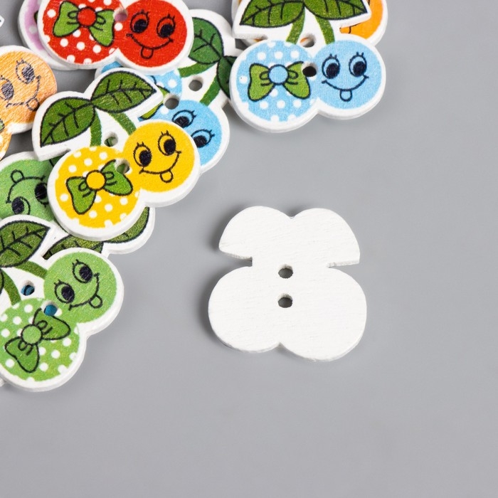 Пуговицы дерево для творчества 2 прокола "Вишенки с бантиком" набор 20шт 1,9х1,9х0,2 см МИКС